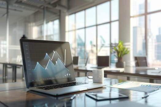 A sleek office features a laptop with financial charts, a coffee mug, and large windows allowing abundant natural light.