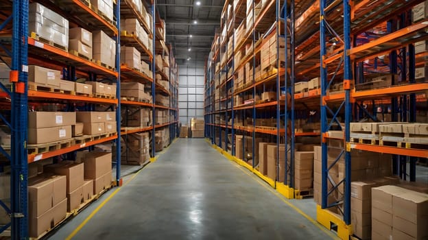 A spacious warehouse is filled with neatly arranged shelves stacked high with cardboard boxes. The aisle between the shelves is wide, allowing easy access for workers. The lighting is bright, enhancing the organized layout of storage.