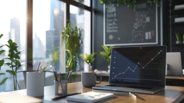 A sleek office features a laptop displaying a growing graph, surrounded by plants and office supplies, all illuminated by abundant natural light.