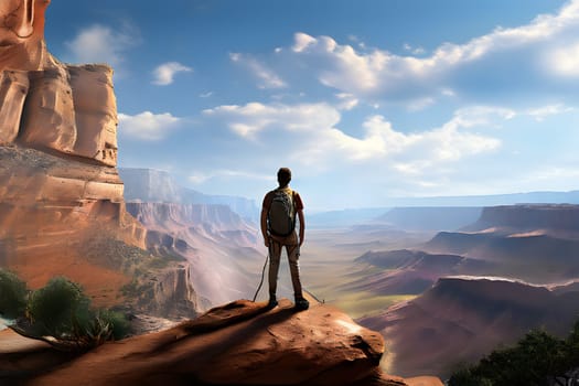 A lone hiker stands on a rocky outcrop, gazing into the expansive canyon below. The breathtaking scenery features layers of red rock formations, lush greenery, and distant mountain ranges. Fluffy clouds drift in the bright blue sky, highlighting the beauty of this natural wonder.
