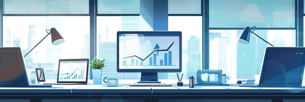 A bright and modern office features large windows, dual computer monitors displaying graphs, and a green plant, creating an inspiring work environment.