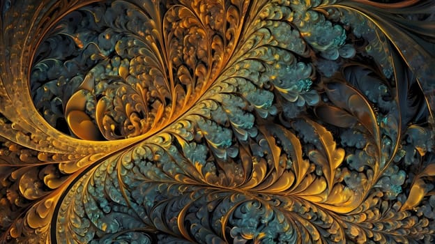 This artwork showcases a mesmerizing fractal design characterized by dynamic golden and teal swirls. The intricate patterns create a sense of depth and movement, inviting viewers to explore the captivating details within. The vibrant colors and flowing shapes evoke a feeling of harmony and complexity, making it a stunning visual experience.