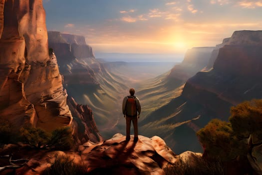 A person stands on the edge of a rocky ledge, gazing out over the vast expanse of the Grand Canyon at sunrise. The early morning light casts warm hues across the canyon walls, highlighting the rugged terrain and creating a breathtaking view.