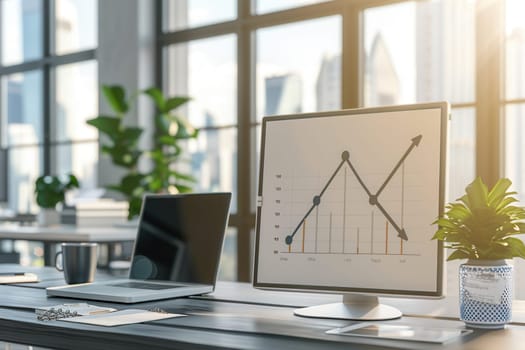 A sleek office with large windows showcases a workspace filled with plants, a laptop, and a monitor displaying growth trends in a productive atmosphere.