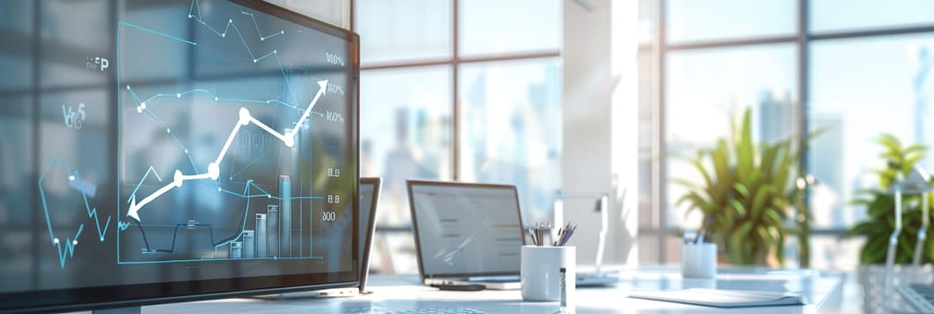 The office space showcases sleek furnishings, large windows allowing sunlight, and displays of digital graphs indicative of active work.