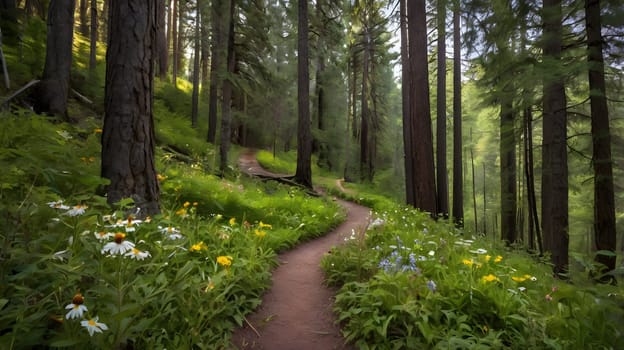 A serene path winds through a vibrant forest filled with tall trees and colorful wildflowers. Sunlight filters through the leaves, illuminating the peaceful surroundings and creating a tranquil atmosphere perfect for a leisurely walk.