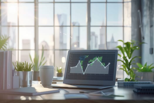 A sleek office features a laptop displaying data analytics, surrounded by plants and a coffee cup, with sunlight illuminating the vibrant city view.