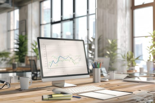 A sleek office filled with natural light features a computer displaying analytics, alongside plants and office supplies on a wooden desk.