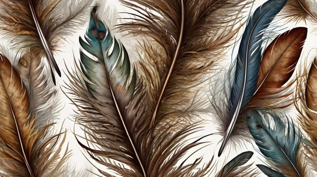 A stunning arrangement of intricately detailed feathers in various shades of brown and blue adorns a white background. Each feather showcases unique textures and patterns, creating a visually captivating composition that highlights the beauty of nature. The rich color palette and flowing forms evoke a sense of elegance and serenity.
