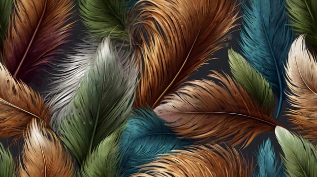 A vibrant arrangement of feathers showcases an array of colors including brown, green, and teal. The intricate details of each feather are prominent, creating a striking visual impact against the contrasting dark backdrop. The composition highlights the natural beauty and texture of the feathers, evoking a sense of artistic elegance.