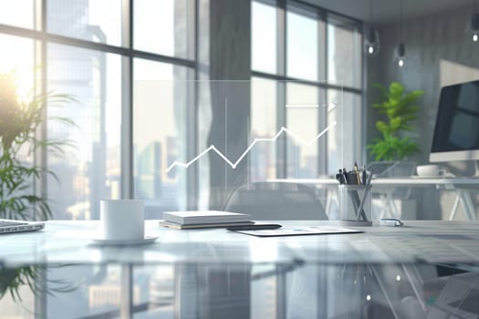 A sleek, contemporary office showcases a bright atmosphere with sunlight filtering through expansive windows, featuring stylish furnishings and a vibrant urban backdrop.