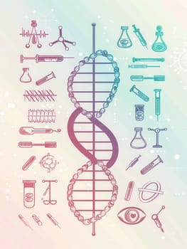 A double helix DNA strand is illustrated among various medical icons like test tubes and microscopes, showcasing the intersection of science and health.