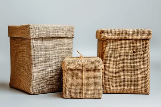 Three burlap-wrapped boxes of varying sizes, showcasing sustainable and eco-friendly packaging solutions. Responsible consumption, eco friendly packaging, zero waste concept.