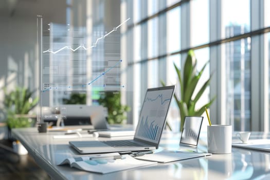 A contemporary office showcases large windows, sleek workstations, and digital graphs, creating an inviting and productive atmosphere.