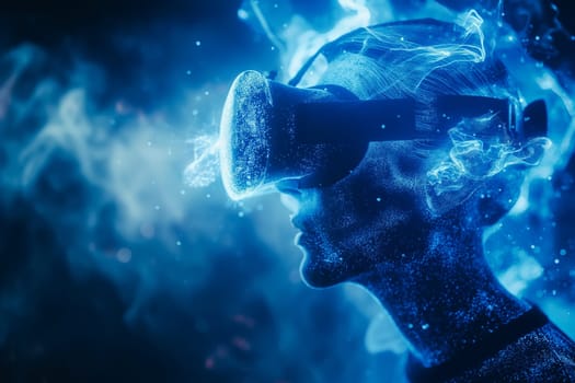Young beautiful woman wearing a VR headset and experiencing a virtual reality simulation, metaverse and cyberspace concept