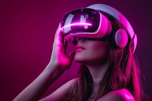 Smart female stand with surrounded by cyberpunk neon light wear VR headset connecting metaverse, futuristic cyberspace community technology. Woman using finger pointing virtual object. Hallucination.