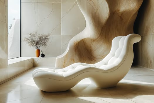 Warm and cozy composition of living room interior with copy space, stylish rattan chair. Home decor. Template.