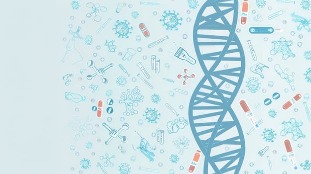 A double helix DNA strand is surrounded by various medical icons like microscopes, test tubes, and stethoscopes, showcasing a scientific theme in a laboratory.