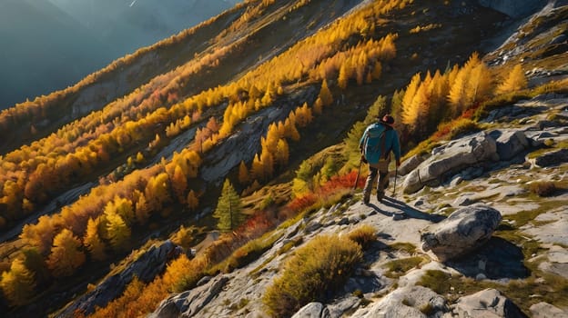 A lone hiker navigates a rugged trail surrounded by vibrant autumn foliage. The golden and orange trees blanket the mountainside as the sun casts a warm glow over the scene. The beautiful landscape showcases the rich colors of fall against the rocky terrain.
