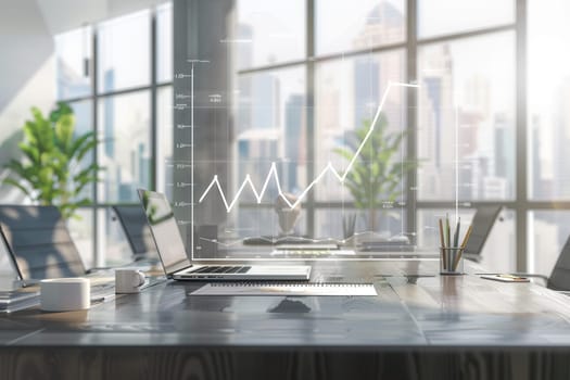 Bright office space features large windows, greenery, and workstations as professionals engage with digital analytics and collaboration tools.