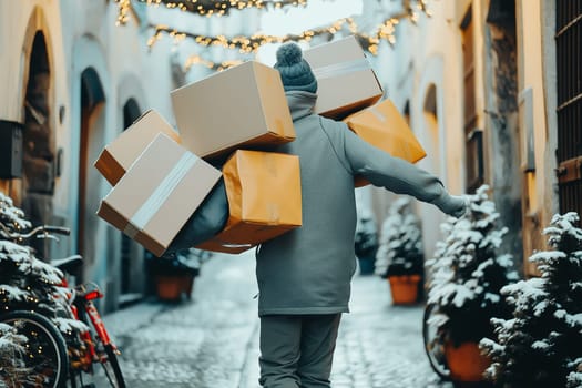 Confident young delivery man carrying cardboard boxes