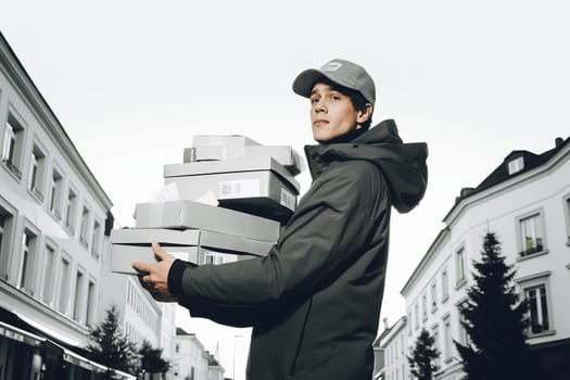 Confident young delivery man carrying cardboard boxes