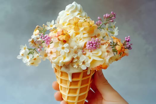 Fashion food set of Ice cream cone with flowers. Minimalist design