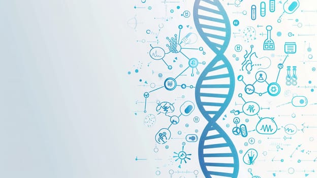 A double helix DNA strand is encircled by various medical icons, illustrating the connection between genetics and healthcare advancements.