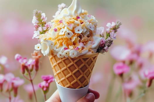 Fashion food set of Ice cream cone with flowers. Minimalist design