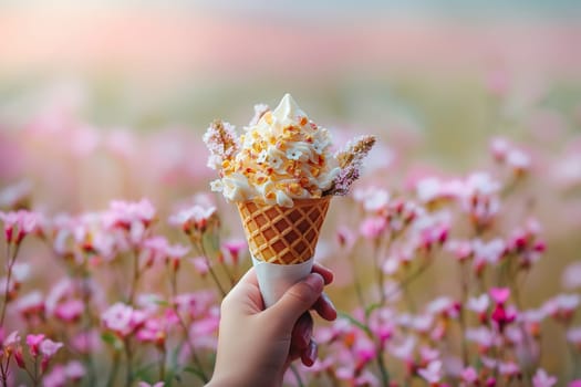 Fashion food set of Ice cream cone with flowers. Minimalist design