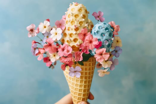 Fashion food set of Ice cream cone with flowers. Minimalist design