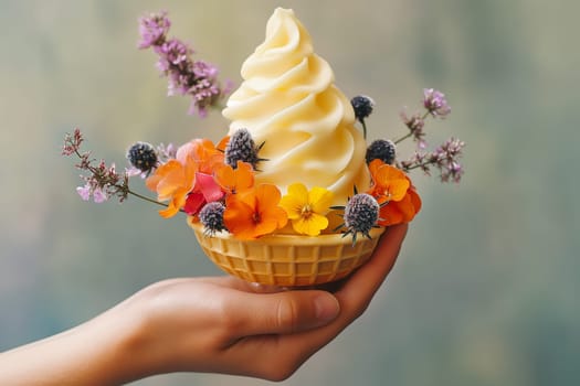 Fashion food set of Ice cream cone with flowers. Minimalist design