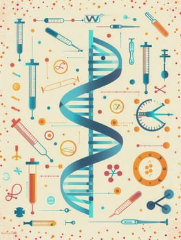 A double helix DNA strand is encircled by medical icons including microscopes, test tubes, and stethoscopes, representing the intersection of biology and medicine.