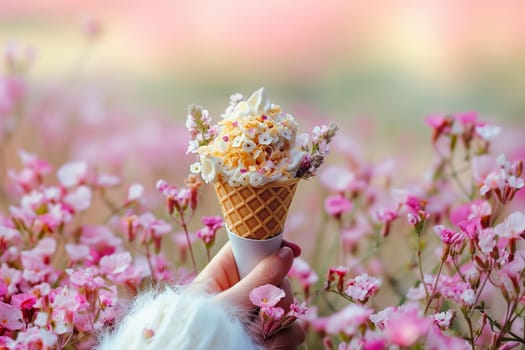 Fashion food set of Ice cream cone with flowers. Minimalist design