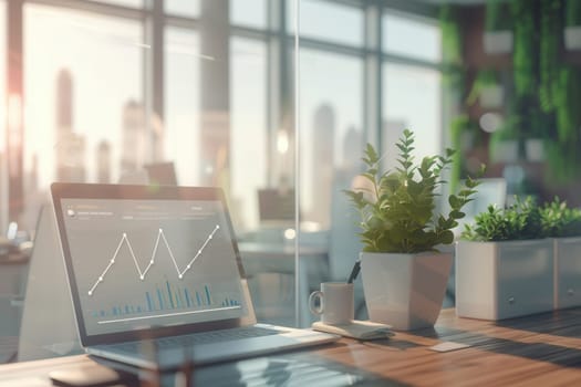 A sleek office features a laptop displaying data trends, alongside greenery and a coffee cup, illuminated by warm sunset light through expansive windows.