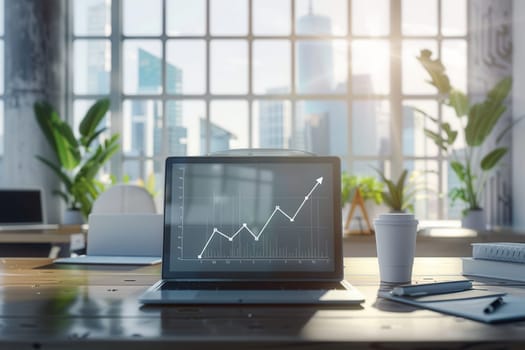 A sleek office filled with natural light features a laptop displaying a rising graph and a warm beverage on a desk surrounded by greenery.