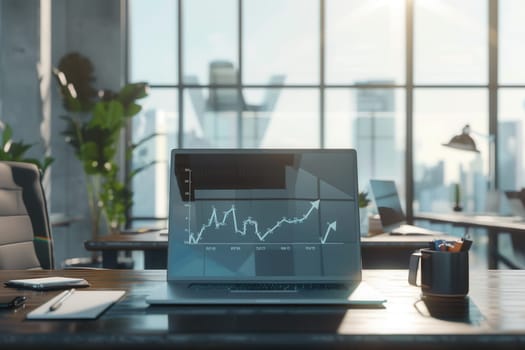 A sleek office showcases a laptop displaying analysis graphs, illuminated by sunlight streaming through large windows, creating a productive atmosphere.