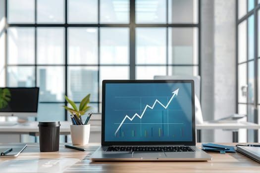A sleek office features a laptop showing a growth chart, surrounded by plants, stationery, and a coffee cup, all illuminated by natural light from the windows.