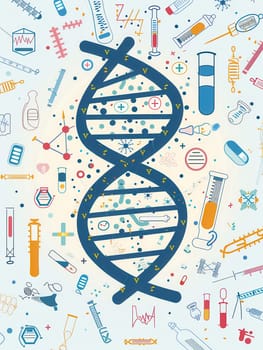 A double helix DNA structure is depicted with various medical icons including microscopes, test tubes, and stethoscopes reflecting scientific exploration.