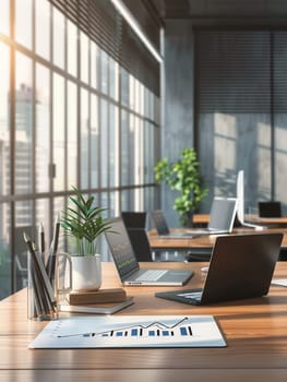 Bright and airy modern office featuring sleek furniture, large windows, and greenery, creating an inviting atmosphere for productivity and collaboration.