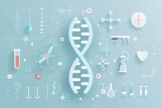 A double helix DNA strand is surrounded by medical icons like microscopes, test tubes, and stethoscopes, illustrating the connection between genetics and healthcare.