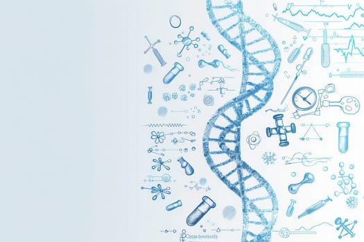 A double helix DNA strand is surrounded by medical icons, representing the interconnectedness of genetics and healthcare in advancing scientific knowledge.