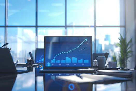 A sleek office with large windows showcases business growth analytics on a laptop, surrounded by plants and stationery, illuminated by natural light.