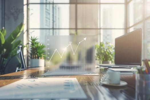 A sleek office features large windows allowing natural light, with charts on the desk illustrating upward trends in business metrics.