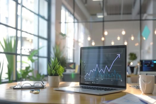 Bright office features a laptop with a rising growth graph, surrounded by greenery and natural light, creating an inspiring work environment.