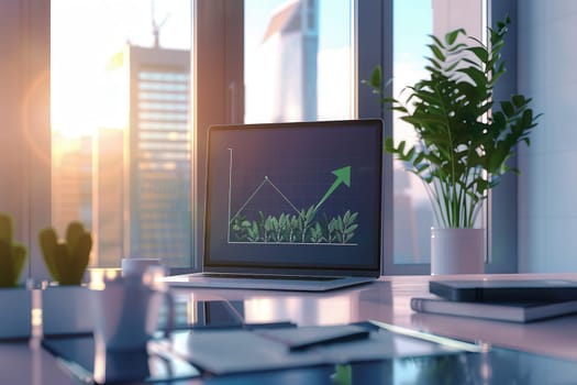 A modern office features a laptop showing a growth graph, surrounded by greenery and illuminated by the warm morning sun.
