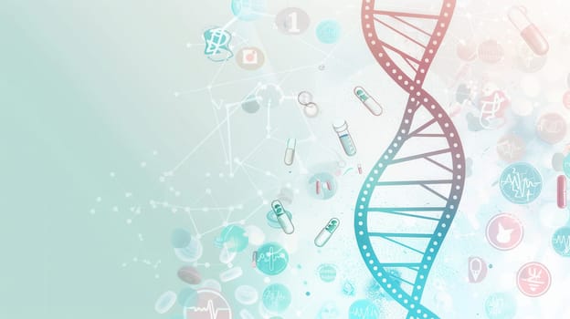 A double helix DNA strand is surrounded by medical icons like microscopes and test tubes, representing the convergence of genetics and healthcare.