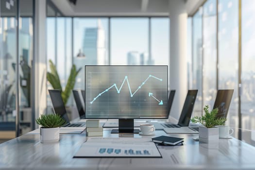 A bright and stylish office filled with natural light, showcasing multiple computer monitors displaying growth charts and a clean desktop environment.