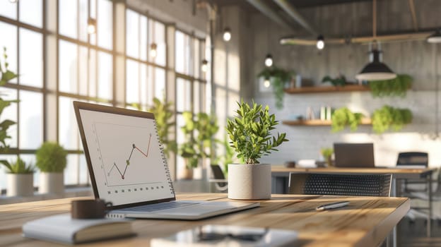 A well-designed office space filled with plants, bright sunlight, and a laptop displaying a rising graph, promoting a productive atmosphere.