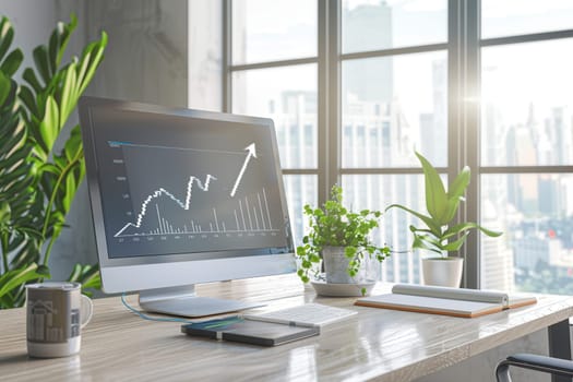 A sleek workspace featuring a computer displaying growth charts and greenery, illuminated by sunlight streaming through large windows.